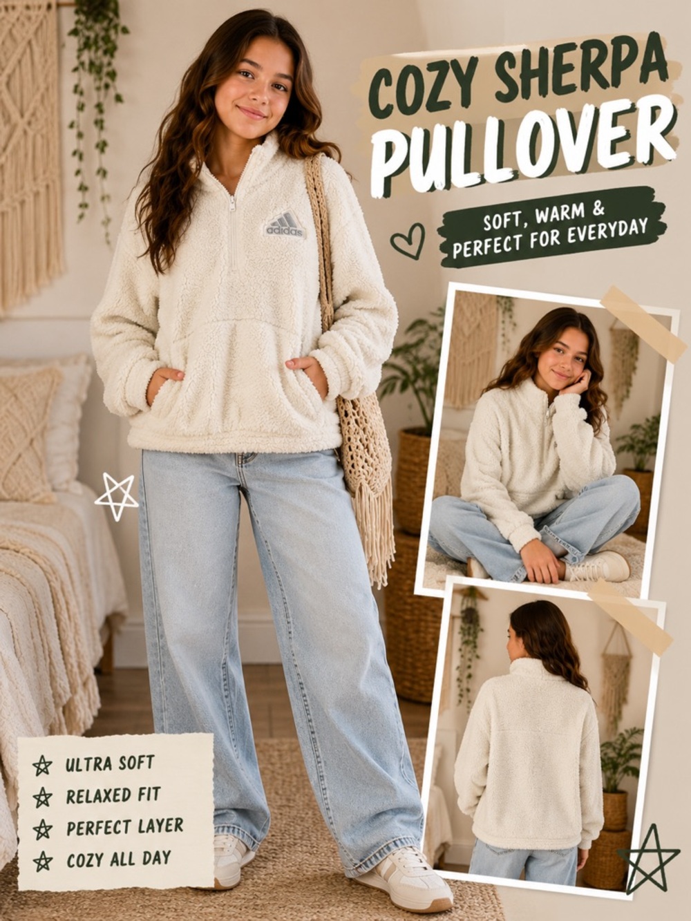 adidas Cozy Sherpa Pullover Hoodie - Cream